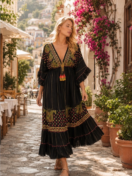 Dresses & Skirts - 119. LAST 1! EUROPE/Black Embroidered Boho Maxi Dress Tassel embellishment